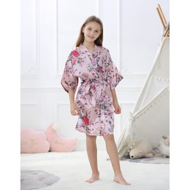 Kids Girls Robes Silky Satin Knee-Length Kimono Robe Set Birthday Spa Bridal Party Flower Girl Blossoms Pattern Lounge Sleepwear (Pink, Tag 12)