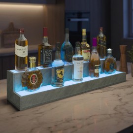 Cubehom LED Lighted Liquor Bottle Display Shelf, 38 Inch Bar Display Shelf, DIY Illuminated Bottle Shelf with App & Remote Control, 2 Step Freestanding Holding Bottles for Home Bar, Party, Grey