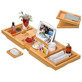 Bamboo Bathtub Caddy Tray Expandable for Luxury Bath, Bath Accessories & Table with Wine Glass Holder, Book Stand Bathroom Organizer with Extending Sides for Men/Women,Natural