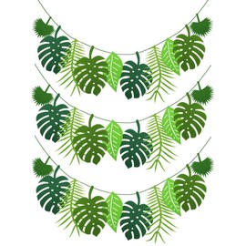 Tiardey 3 Pieces Tropical Palm Leaves Banners for Jungle Theme Party Decorations, Large Leaf Train Flag, Rope Length 2.5m