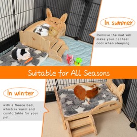 BWOGUE Wooden Guinea Pig Bed with Stairs and Mat, Washable Soft Fleece Small Animal Bed Guinea Pig Platform Bed for Hamsters Dwarf Rabbits Chinchilla Squirrel Hedgehog Habitat