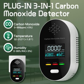 1 Pack Carbon Monoxide Detectors 3-in-1, Plug in CO Detector with Temperature & Humidity Display, CO Monitor Alarm with Clear LCD Display & Sound Warning for Home, Hotel, Car and Living Area
