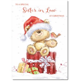 doodlecards Sister in Law Christmas Card Cute Bear on Parcel Large A4 Size Christmas Card for Sister-in-Law with Plain Envelope
