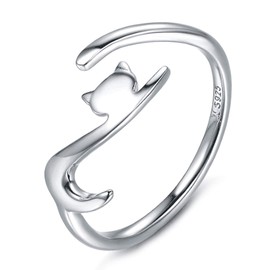 Qings 925 Sterling Silver Cat Rings Adjustable Cute Kitty Opening Finger Ring Novelty Jewelry for Women Girls