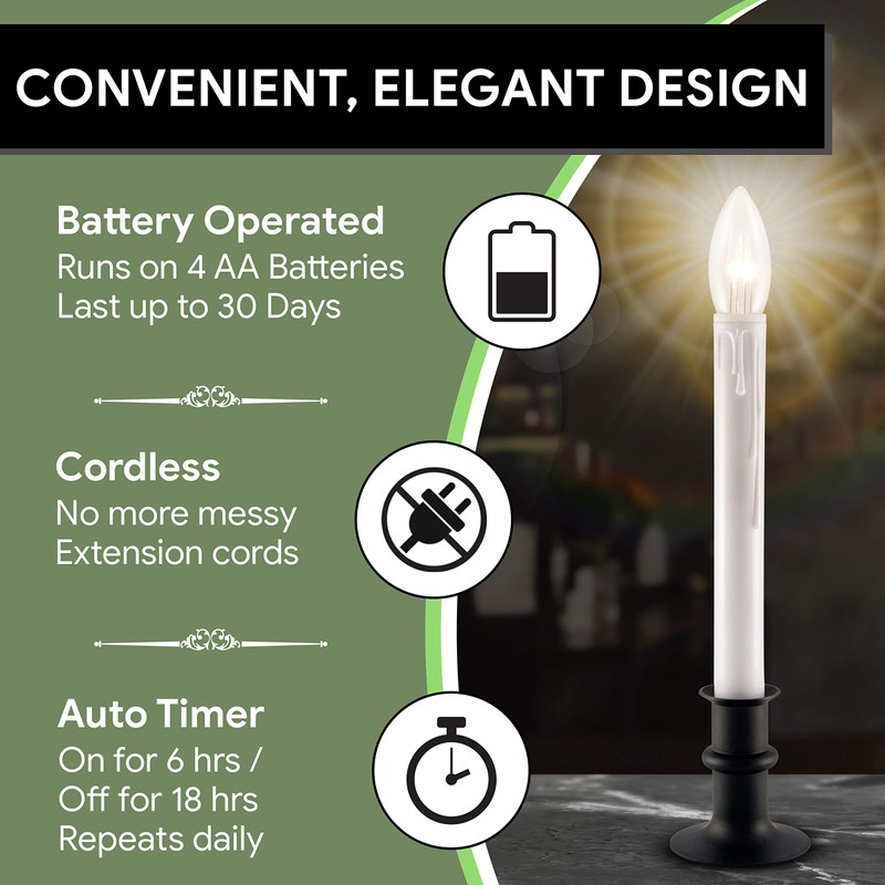 612 Vermont Ultra-Bright LED Window Candles with Timer, Battery Operated,