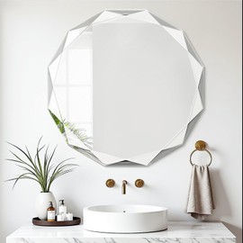 Bathroom Mirror for Wall, 24" x 24" Circle Bathroom Vanity Mirror, Beveled Edge Frameless Wall Mount Vanity Mirror, Decorative Round Irregular Beveled Edge