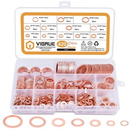 VIGRUE Set of 420 Copper Sealing Rings Assortment, Washers Copper Washers Set Diameter 5/6/8/10/12/14/16/20 mm in Assortment Box