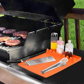 Silicone Grill Mat Side Shelf Mat for Blackstone Grill Pad for Outdoor Grill Kitchen Counter Large Silicone Spatula Mat with Drip Pad, Grill Utensils Holder for Griddle Accessories (Orange)