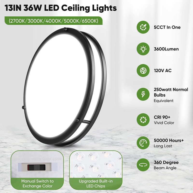 TOBUSA 36W LED Flush Mount Ceiling Light Fixture, 13inch LED