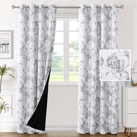 H.VERSAILTEX 100% Blackout Curtains for Living Room Camellia Floral 84 Inches Long Light Blocking Window Treatment with Black Liner Grommet Thermal Drapes, 2 Panels, Grey