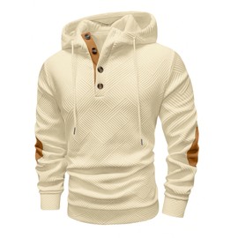 Vssjavun Mens Hooded Sweatshirt Fashion 2025 Long Sleeve Pullover Hoodies Drawstring Button Up V Neck Sweatshirts Beige