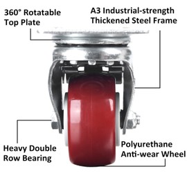 Finnhomy Caster Wheels Set of 4 with Brake 2 Inch Plate Swivel Casters Premium Polyurethane Wheels PU Load Bearing 800 Lbs Lockable Anti-wear Smooth Casters Red