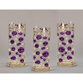 100 Floating Purple Plum Pearls - Jumbo Sizes - with Must Have Tranparent Water Gels KIT for The Best Floating Effect - Fills 2 GL of Gels for Vase Decorations-Warm White Submersible Fairy Lights