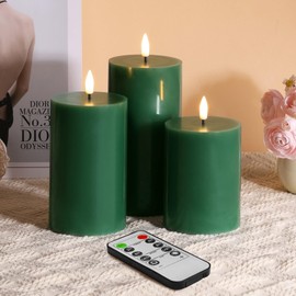 Eywamage Eywamage Green Flameless Pillar Candles with Remote, Real Wax Flickering Battery LED Candles Set of 3