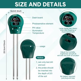 4 Pieces Plant Moisture Meter 3 in 1 Soil Moisture Meter for House Plants PH Tester Moisture Monitor for Gardening Indoor Outdoor Lawn Patio Farm Plants Care, No Battery Required (Green)