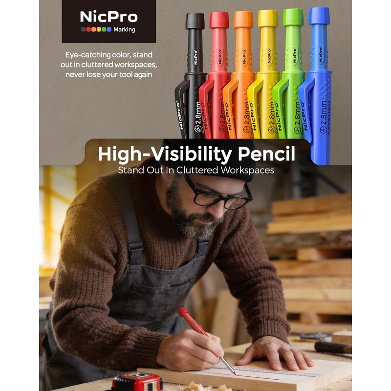 Nicpro 6 Pack CP3000 Carpenter Pencils with Sharpener, Mechanical Pencil
