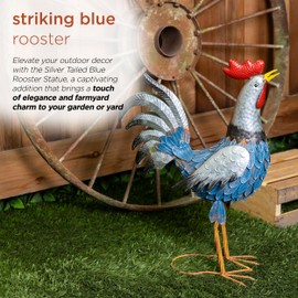 Alpine Corporation 23" Tall Outdoor Metal Silver Tail Rooster Statue with Vibrant Design, Garden Decor, Silver/Blue