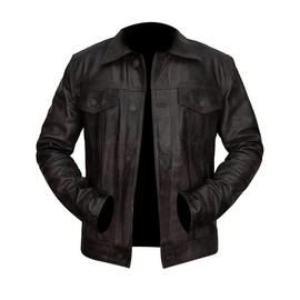 Men’s Trucker Leather Jacket – Real Lambskin Vintage Trucker Shirt Collar Button Closure Casual Biker Jacket Black