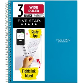 Five Star Spiral Notebook + Study App, 3 Subject, Wide Ruled Paper, 8" x 10-1/2", 150 Sheets, Fights Ink Bleed, Water Resistant Cover, Tidewater Blue (73184)