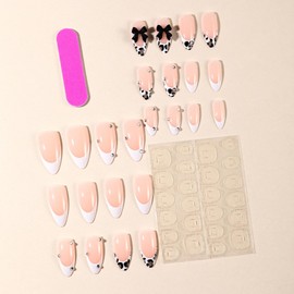 Press on Nails Medium Almond French White Tips Fake Nails Leopard Print on False Nails with Black Bow Charm Designs Full Cover Artificial Glossy Glue on Nail for Women Girls DIY Nail Art Decoration ﻿