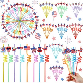 Potchen 80 Pcs Patriotic Crazy Silly Straws Bulk 4th of July Crazy Silly Reusable Curly Straws Colorful Plastic Drinking for Independence Day Family Party Veterans Day