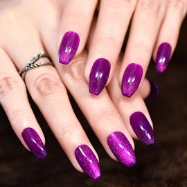 Sparkly Coffin Press on Nails | Coolnail Cat Eyes Gel Nails Medium Glossy Purple Fake Nails Full Cover Unique Design Reusable Shimmer Glitter Deco False Fingernails Salon Kit for Women & Girl