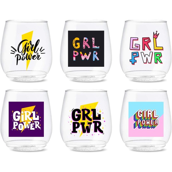 TOSSWARE POP 14oz Vino Girl Power Series, SET OF 6, Premium Quality, Recyclable, Unbreakable & Crystal Clear Plastic Printed Glasses