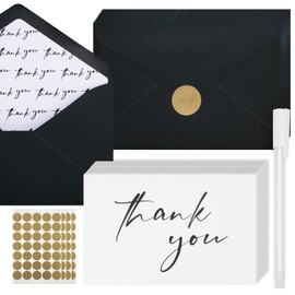 AZAZA Black Thank You Cards with Envelopes 4x6 inch, Bulk 100 Pack Thank You Notes 4 Minimalistic Designs, Funeral Thank You Cards with Envelopes and Gold Stickers for Graduation, Small Business