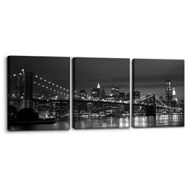 Pacimo New York Brooklyn Bridge Canvas Wall Art 3 Panels Night View Modern Landscape Artwork Cityscape Pictures Prints on Canvas Wall Decor for Home & Office Decoration - 12 x 16 inch x 3