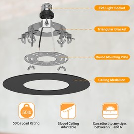 YIIZON 5 and 6 inch Recessed Can Light Conversion Kit, Ceiling Light Fixture Upgrade, Pendant & Hanging, 7¾ Inch Flat Steel Ceiling Medallion, Black Finish 2 Packs