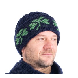 SAOL - 100% Merino Wool Shamrock Knit - Irlanda Invierno/Beanie para Hombre - Talla Única, Azul marino/flor y brillo, Talla única