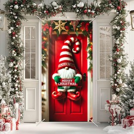 Christmas Door Cover Gnome Stripes 35x71 Inch Polyester