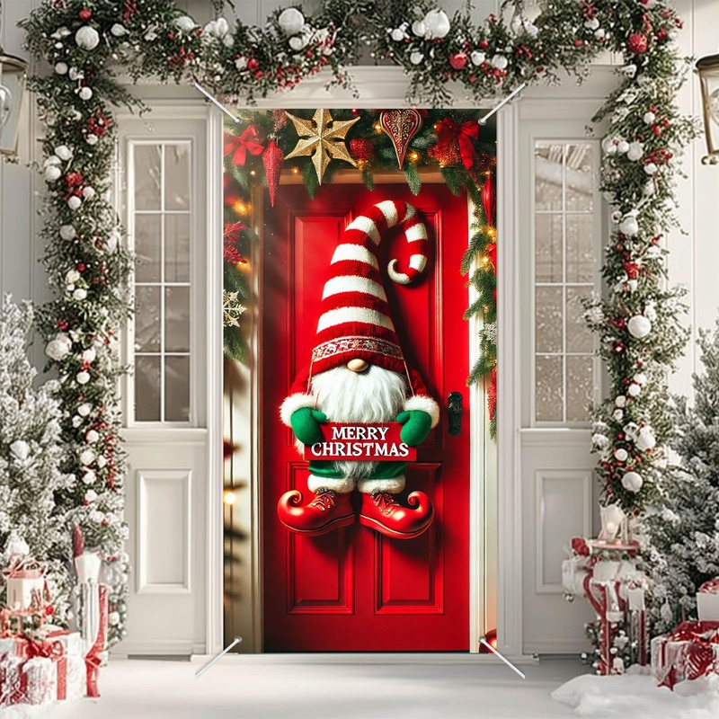Christmas Door Cover Gnome Stripes 35x71 Inch Polyester