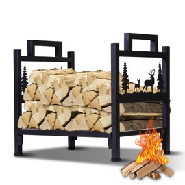 Firewood Rack Outdoor-Heavy Duty Indoor Wood Storage Black Powder Coated Steel Log Rack Holder for Fireplace,Patio, Pile Storage Stacker Organizer with Christmas Elements（Containing Patents）