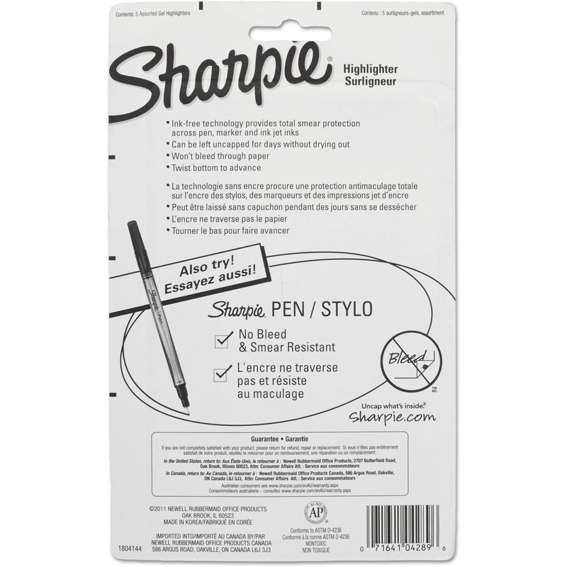 Sharpie, Resaltadores Gel, Punta Bala, Colores Surtidos, 5 Piezas