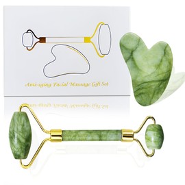 Gua Sha Tool Face and Jade Facial Roller, Face Rollers for Women Manual Facial Massager and GuaSha Tool, Jade Roller and Gua Sha Set Sculpt Jawline and Reduce Puffiness, Skincare Gift (Green)