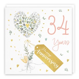 Hunts England - 34th Anniversary Card - 34 Years - Contemporary Hearts - Gold Foil - Luxury 34th Wedding Anniversary Card For Couples, Partner, Husband, Wife, etc. - Milo's Gallery