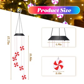 Glooglitter 2 Packs Christmas Solar Wind Chimes Lollipop Candy Solar Wind Chimes Color Changing Lights Mobile Hanging LED Color Changing Wind Chime for Indoor and Outside Garden Patio Yard Decoration