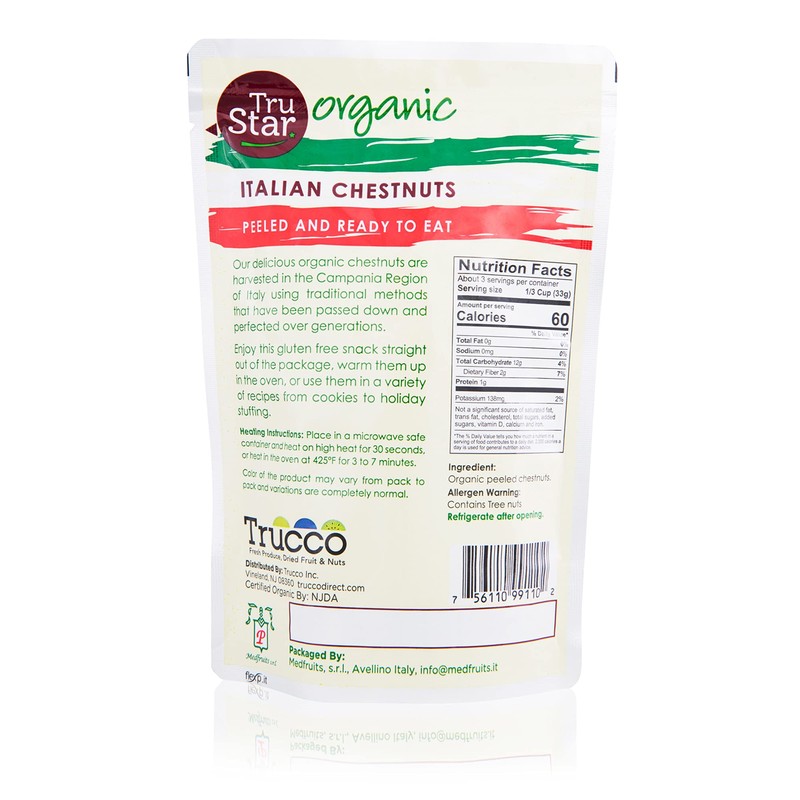 TruStar Organic Italian Chestnuts, Peeled, Ready-to-eat, 3.5oz Pouch (Pack of