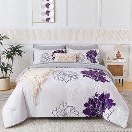 Ellewins King Size Comforter Set 7 Pcs Bed in a Bag,Purple White Modern Elegant Floral Pattern Grey Bedding Set,Soft Microfiber Comforter with Sheet Set,All Season Bed Set(PurpleWhite,102"x90")