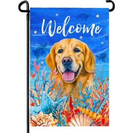 Dacawin Welcome Summer Garden Flag Sea Turtle Golden Retriever Yard Flags Dog Sea Star Shell Pool Double Sided House Flag Swimming Water Holiday Party Seasonal Beach Outdoor Decor 12x18 Inch