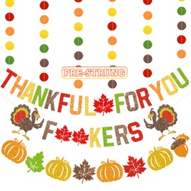Pre-Strung Glitter Thankful for You Banner, Friendsgiving Decorations Banner Thanksgiving Party Decorations for Indoor Home Office Fall Party Decorations