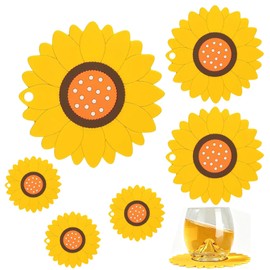 ZenyTra Set of 6 Sunflower Coasters | 3 Sizes (19.5 cm / 15 cm / 10 cm) Heat Resistant | Dishwasher Safe & Non-Slip | Yellow Pot Coasters Kitchen Utensils