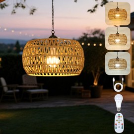 Eayaya Battery Operated Chandelier with Remote, 11.8” Rattan Battery Powered Hanging Light for Porch, Rechargeable Outdoor Chandelier for Gazebo, Boho Cordless Pendant Light for Indoor Outdoor Patio