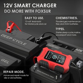 10-Amp Battery Charger, 12V/10A 24V/5A Smart Automatic Maintainer Trickle Charger with Temperature Compensation, 7 Stage Lead Acid AGM LiFePO4 Battery Charger for Cars Motorcycles Boats