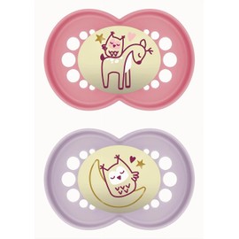 MAM Original Pure Night S320 Baby Soothers with Natural Latex Teat for 6+ Months - Glow in the Dark Pink (Pack of 2)