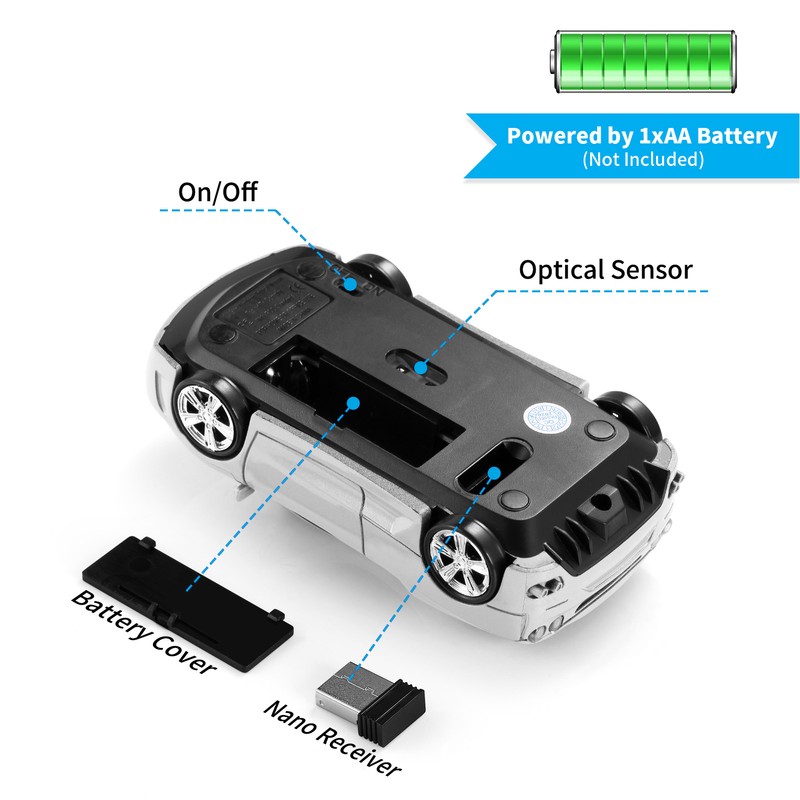Wireless Mouse Silver Sports Car Style 2.4GHz USB Receiver 1600DPI