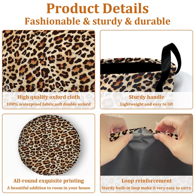 Brown Leopard Laundry Basket with Sturdy Handles, Natural Animal Skin