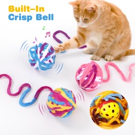 YSQEVN Cat Toy, Colourful Plush Cat Balls with Rope and Bell, Interactive Hunting Toy for Cats, Puppies, Pack of 3