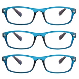 EYE ZOOM 3 Pack Rectangular Plastic Frame Blue Light Blocking and Anti UV Reading glasses, Blue, +1.50